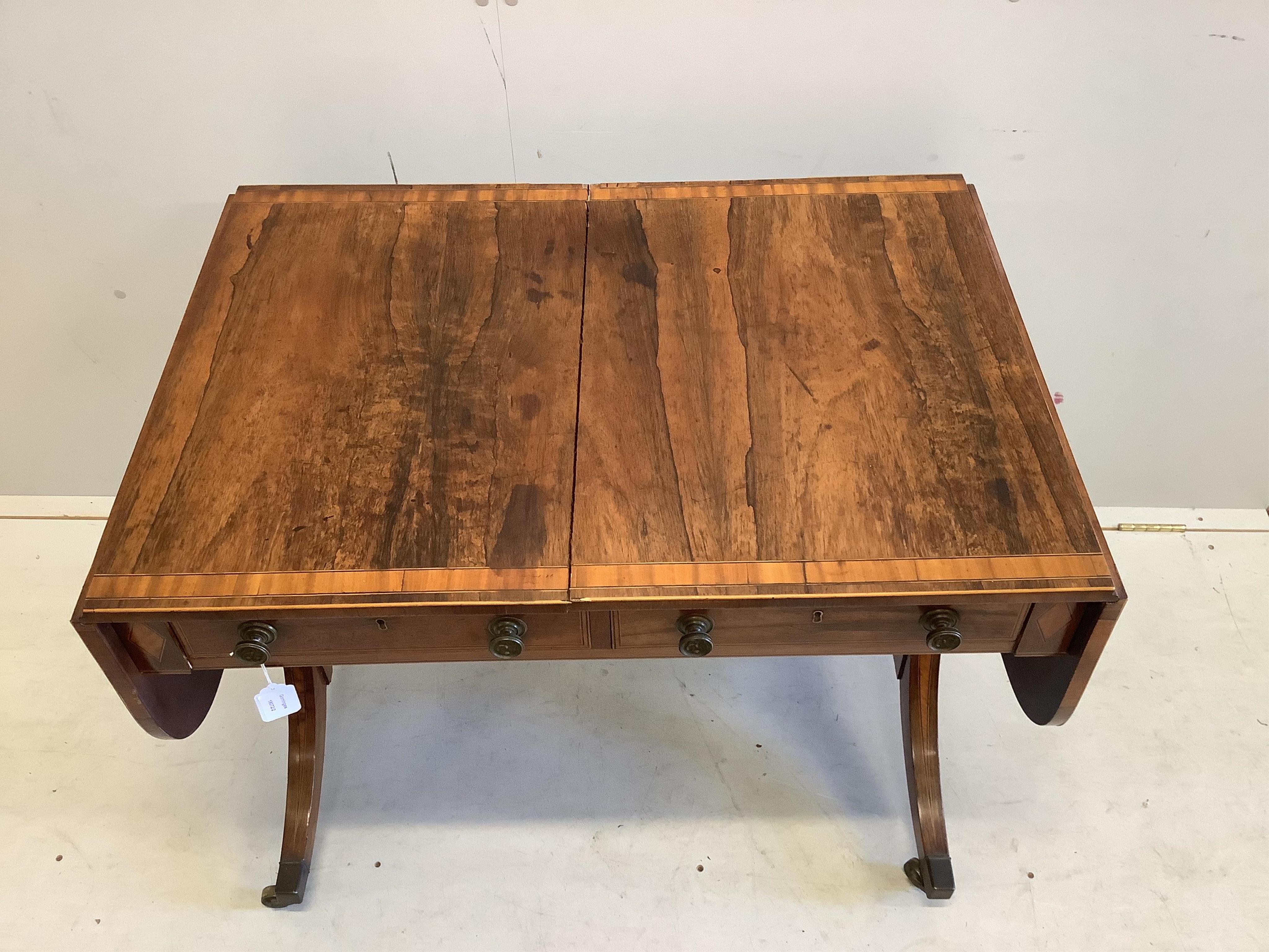 A Regency satinwood banded rosewood sofa table, width 90cm, depth 62cm, height 71cm